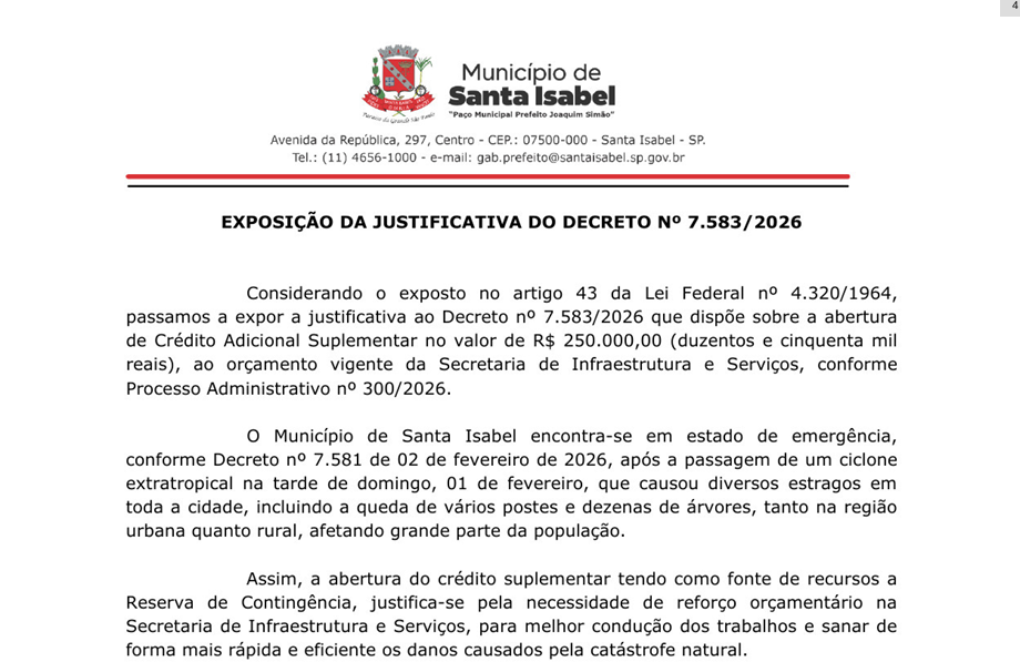Prefeitura autoriza uso de R$ 250 mil após chuva forte e ciclone atingir Santa Isabel