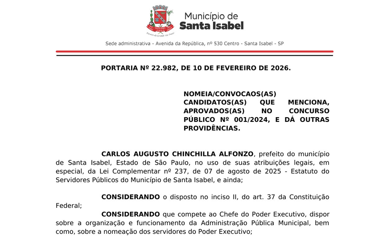 Prefeitura de Santa Isabel amplia quadro de servidores com novas nomeações em fevereiro