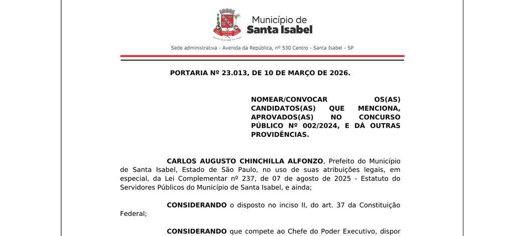 Santa Isabel convoca aprovados em concurso para Guarda Civil e outras áreas