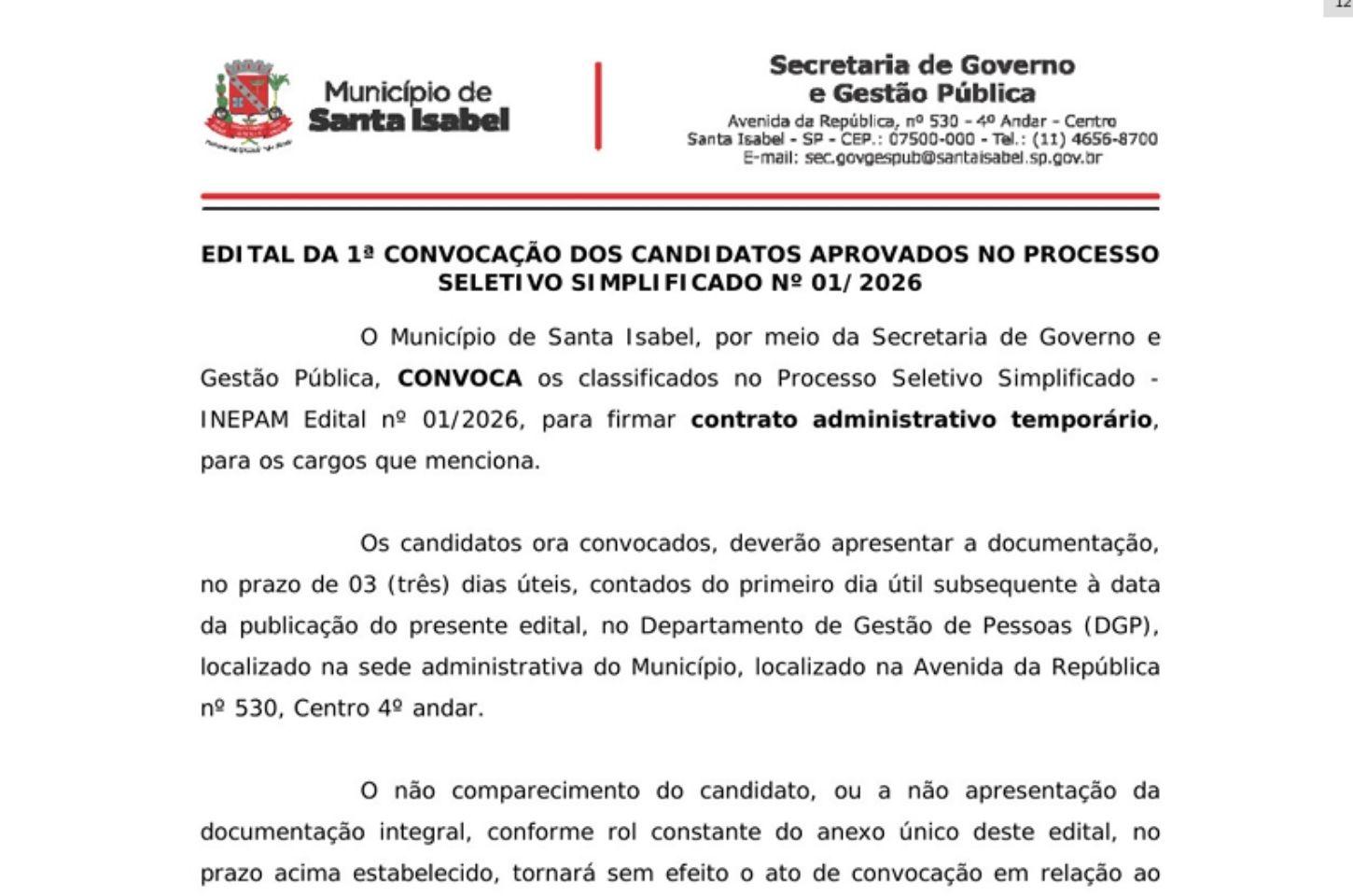 Prefeitura de Santa Isabel convoca primeiros aprovados no Processo Seletivo Simplificado