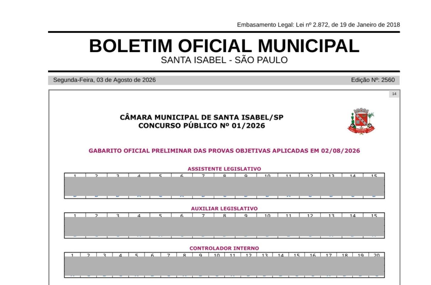 Câmara de Santa Isabel divulga gabarito preliminar do concurso público de 2026