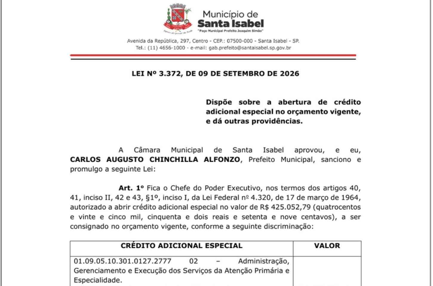 Santa Isabel incorpora R$ 3,58 milhões do superávit de 2025 ao orçamento da Saúde