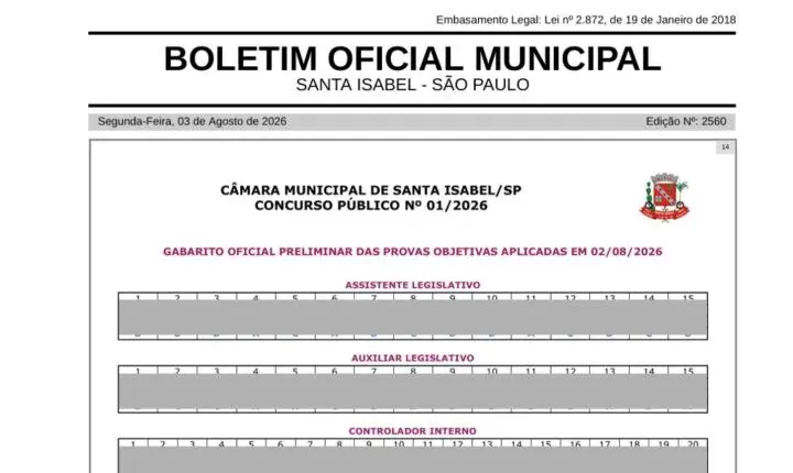 Câmara de Santa Isabel divulga gabarito preliminar do concurso público de 2026