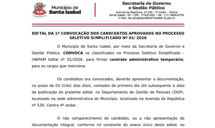 Prefeitura de Santa Isabel convoca primeiros aprovados no Processo Seletivo Simplificado