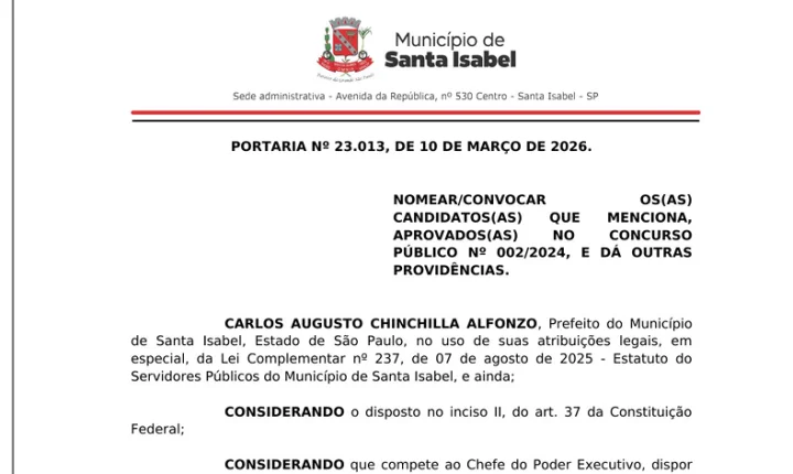 Santa Isabel convoca aprovados em concurso para Guarda Civil e outras áreas