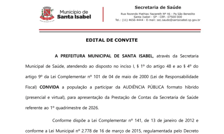 Santa Isabel realiza audiência pública para apresentar contas da Saúde